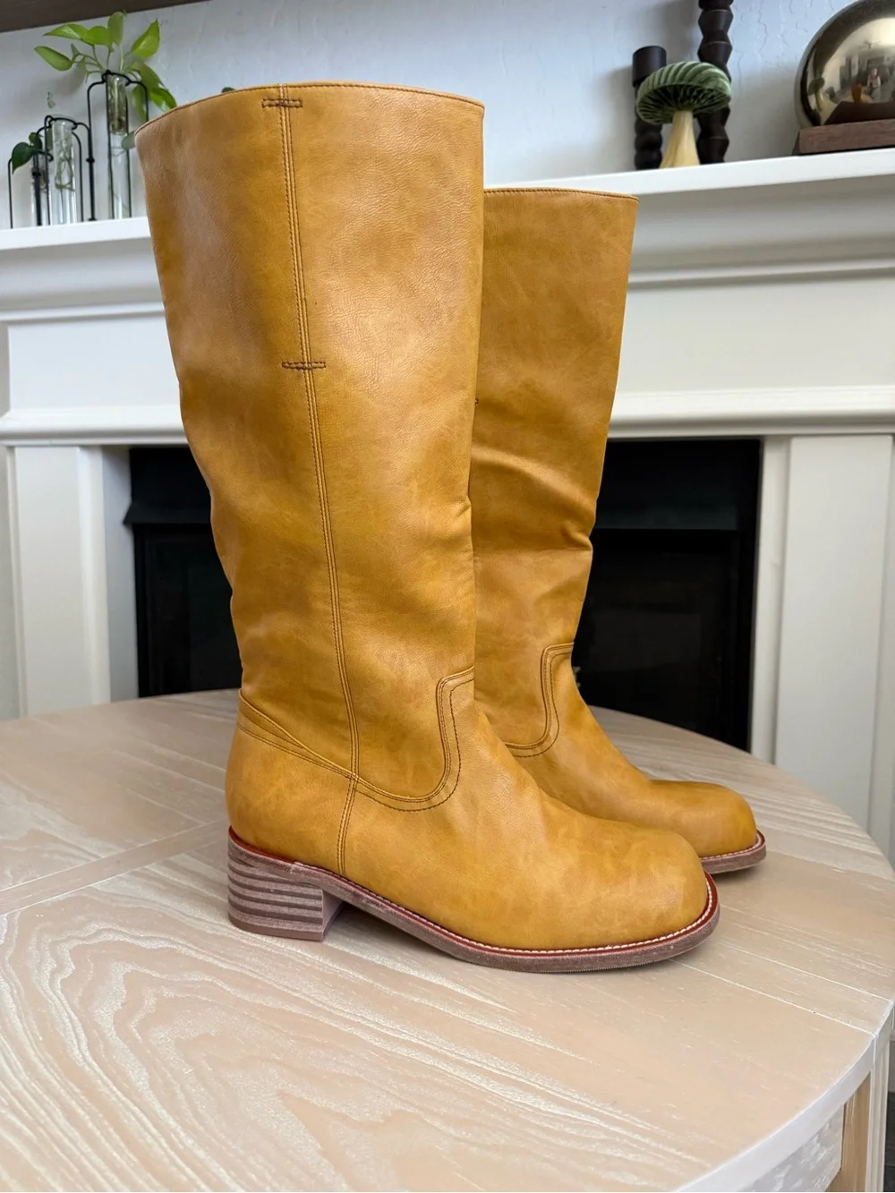Boutique|Women's Tall  faux Leather Boots in Tan Mustard,stacked heel,size 12•••
